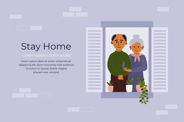 Maradj Otthon Házi Homlokzat Téglákkal Idősek Kinéznek Ablakon Nagymama Nagyapa — Stock Vector