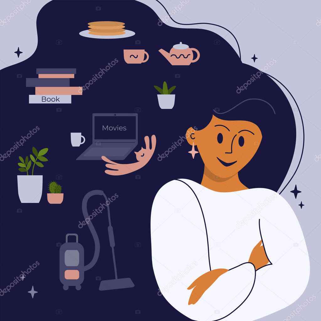 Stay at home concept. Vector illustration of girl with long hair choosing activities. Care for houseplants, reading books, housework, cooking, watching movies. Coronavirus quarantine, self isolation.