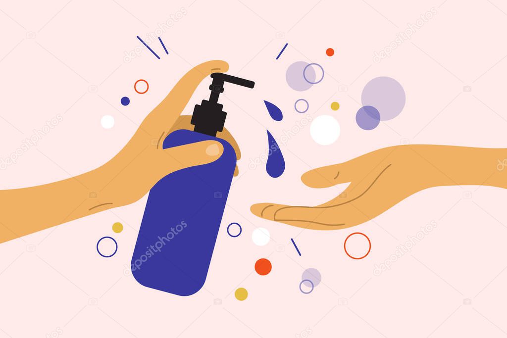 Disinfection or virus protection. Human hand holds dispenser with sanitizer antibacterial gel. Liquid soap bottle. Wash your hands concept. Prevent infection, coronavirus bacteria. Vector illustration