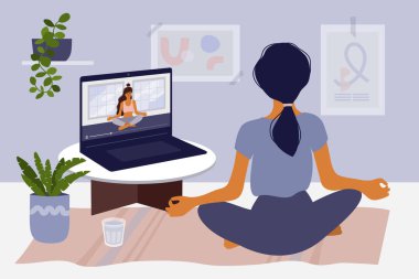 Evde kal konsepti. Bilgisayarda ders izleyen, yoga ve meditasyon yapan bir kız. Canlı yayın, internet eğitimi. Kadınlar rahat modern iç mekanlarda egzersiz yapıyorlar. Ev etkinliği vektör illüstrasyonu