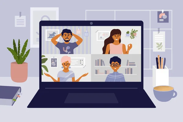 Kal ve evde çalış. Video konferans illüstrasyonu. İş yeri, laptop ekranı, internetten konuşan bir grup insan. Akış, internet sohbeti, online tanışma arkadaşları. Coronavirus, karantina izolasyonu. 