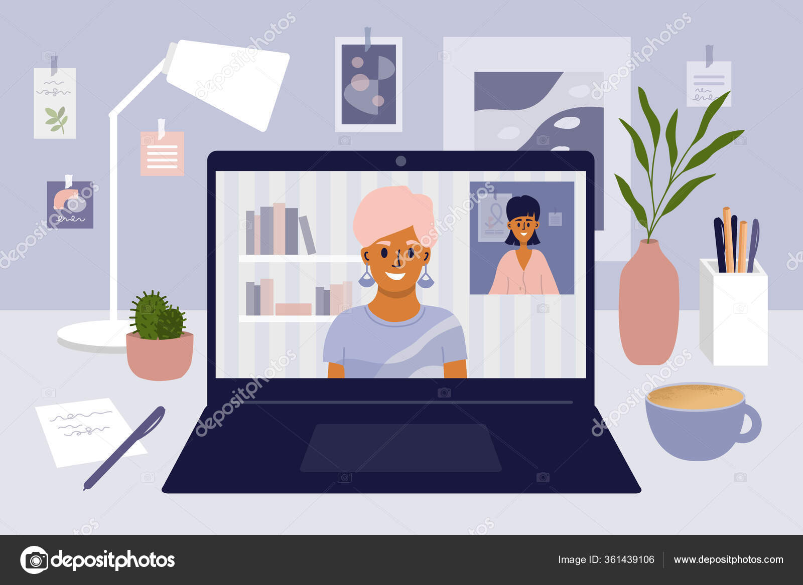 African girl friends chat online. Girl sitting in a chair in front of a  laptop and speaks with friend. Video conference, online chat concept.  Working or online meeting from home. Vector illustration.