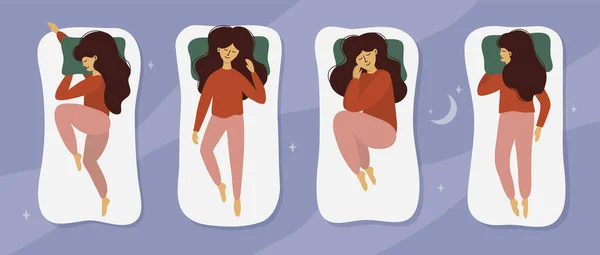 Joven Duerme Cama Linda Chica Pijama Durmiendo Diferentes Poses Cielo — Archivo Imágenes Vectoriales