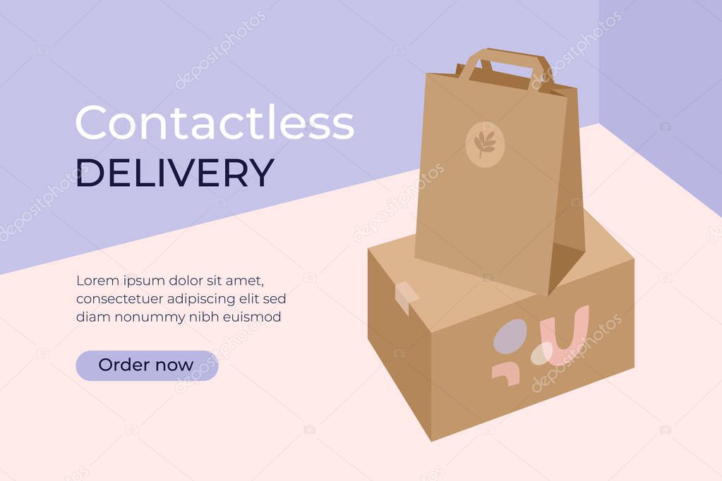 Contactless safe delivery concept. Stay home, order food or goods by courier service. Box and bag lying on floor in front of door. Coronavirus quarantine isolation. Vector illustration, banner, layout