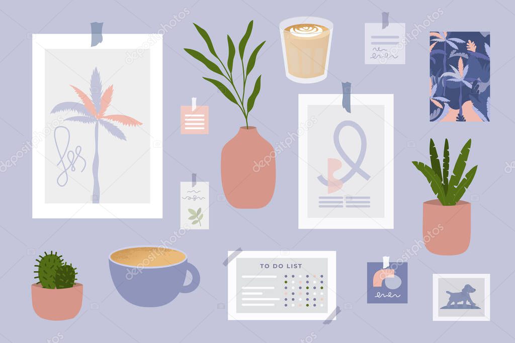 Inspiration mood board with home decor items. Poster, vase, houseplant, cards, cup of coffee, stickers and to do list. Idea for modern comfy scandinavian interior. Vector illustration, set of objects.