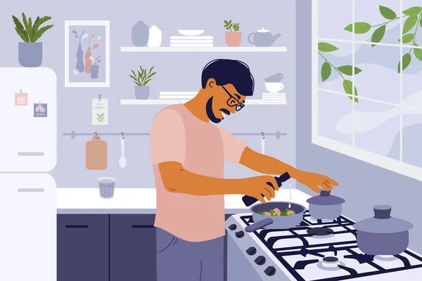 Fique Casa Cozinhe Comida Saudável Você Mesmo Homem Sorridente Cozinhar —  Vetores de Stock