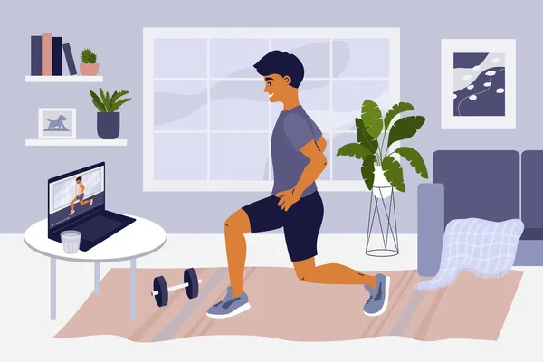 Evde kal, formda ve pozitif kal. Adam dizüstü bilgisayarla egzersiz yapıyor. Çevrimiçi eğitim, evde beden eğitimi, spor, internet fitness antrenmanı. Sağlıklı bir yaşam tarzı. Coronavirus karantina izolasyonu. Vektör illüstrasyonu.