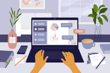 Evde kal, çalış ya da uzaktan çalış. Öğrenci masaüstü bilgisayarı. E-öğrenme, çevrimiçi eğitim veya internet kursları. Bilgisayarla çalışan erkek ya da kadın. Coronavirus karantina izolasyonu. Vektör illüstrasyonu