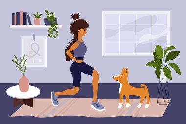Evde kal, formda ve pozitif kal. Çömelme, egzersiz ve köpek Basenji ile oynayan tatlı bir kız. Spor salonu, evde spor. Sağlıklı bir yaşam tarzı. Coronavirus karantina izolasyonu. Vektör illüstrasyonu.