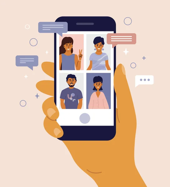 Appel Vidéo Entre Amis Bavardage Ligne Par Application Mobile Restez — Image vectorielle
