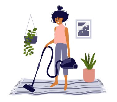 Evde kal, ev işi yap. Yaşam tarzı aktivite, temizlik. Elektrikli süpürgeyle halı süpüren tatlı bir kız. Dairenin rahat, modern iç mekanları, ev bitkileri. Hygge tarzı oturma odası vektör çizimi