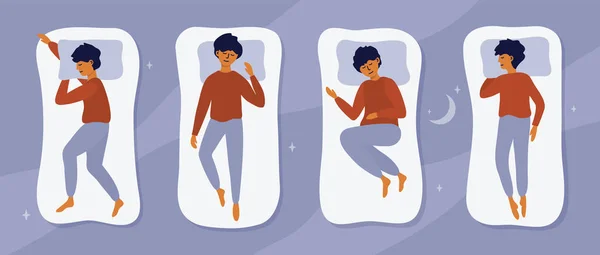 Genç Adam Yatakta Uyuyor Farklı Pozlarda Uyuyan Pijamalı Yakışıklı Çocuk — Stok Vektör
