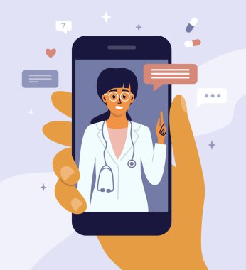 Sanal doktor konsepti. Mobil uygulama konusunda sağlık uzmanına danışmanlık. Çevrimiçi tıbbi destek, doktor servisini arayın. Profesyonel kadın hekim. El ele tutuşan akıllı telefon. Vektör illüstrasyonu