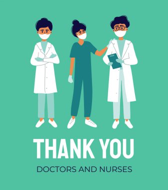 Teşekkürler doktor ve hemşire konsepti. Coronavirus 'a karşı savaştıkları için sağlık görevlilerine teşekkürler. Sağlık uzmanları kahramandır. Hastane personeline iş için minnet posteri, yardım. Vektör illüstrasyonu.