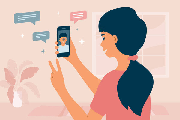 Video call between friends. Cute girl holding smartphone, smiling and greeting boy on device screen. Stay at home, meeting and chatting online by mobile app. Distance conversation. Vector illustration