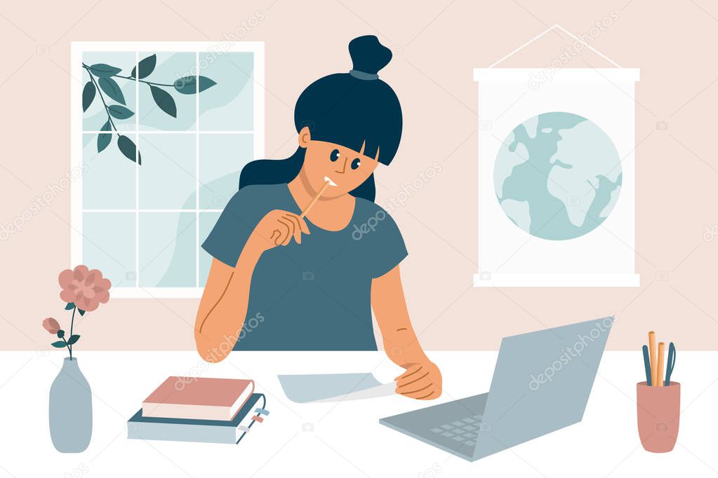 Stay at home, study remotely. Working or learning process using laptop. E-learning, online education vector illustration. Cute pensive girl sitting behind table, thinking about school lesson or work.