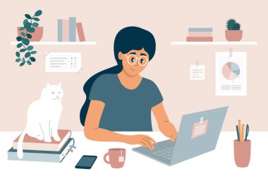 Merkez büroda çalışıyorum. Çalışma masasının arkasında oturan genç bir kadın bilgisayarını kullanarak iş arkadaşlarıyla sohbet ediyor. E-öğrenim, öğrenim ya da eğitim kavramı. Serbest kız ve beyaz kedi vektör çizimi