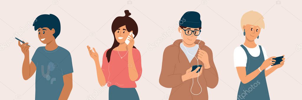 Group of young people using smartphones. Men and women chatting online, making video call, listening to music by earphones, talking, chek social media. Mobile internet technology vector illustration.
