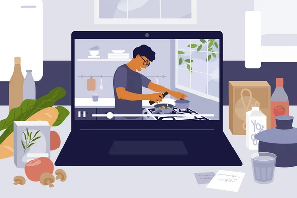 Ноутбук Кухонному Столі Приготуванням Онлайн Майстер Класу Кулінарний Відео Блог — стоковий вектор