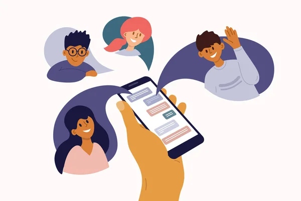 İnternette sohbet eden bir grup insan. Mobil uygulama kuryesi. İnternetten konuşan arkadaşlarla cep telefonu ekranı. Akıllı telefonu erkek, kız, iş arkadaşı ve akrabalarla sanal görüşme için kullanmak. Vektör illüstrasyonu