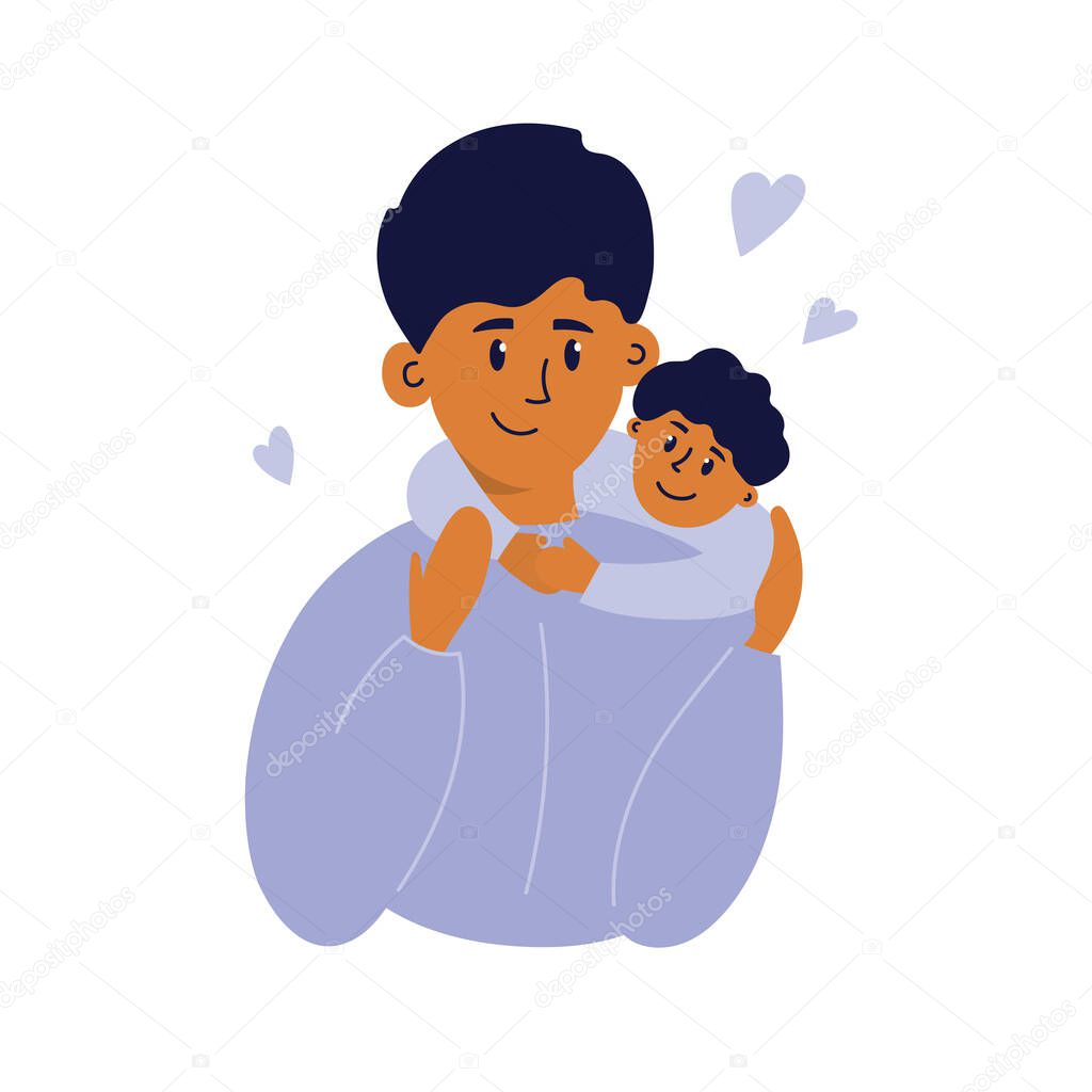 Father and son. Boy hugs dad by neck, shoulders. Smiling man holding his child with care and love. Happy father's day vector illustration. Young and adult male characters isolated on white background