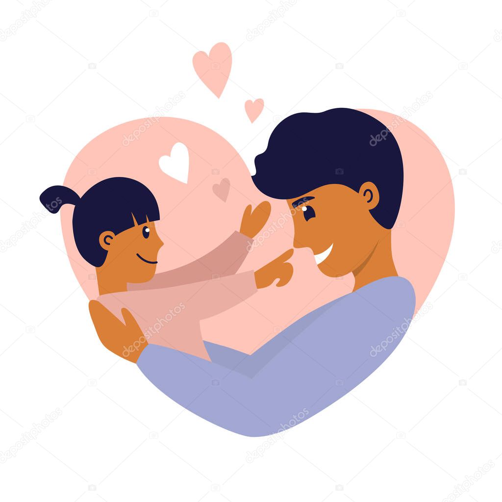 Happy father's day, fatherhood. Young man with daughter in his arms. Smiling dad playing with little kid. Daddy holding baby girl with care and love. Parent and child. Heart shaped vector illustration