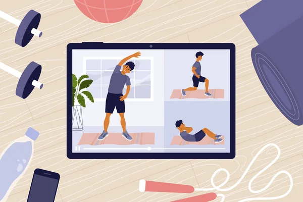 家庭体育馆 平板电脑上的在线健身课 体育博客 Vlog频道 虚拟教练展示练习 健身设备 体育活动 保持健康和健康的生活方式 — 图库矢量图片
