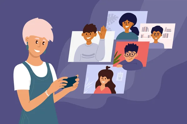 一群人的视频通话 在线会议 虚拟聚会 远程会议与同事 女孩通过智能手机屏幕与朋友交谈 社交媒体社区病媒说明 — 图库矢量图片