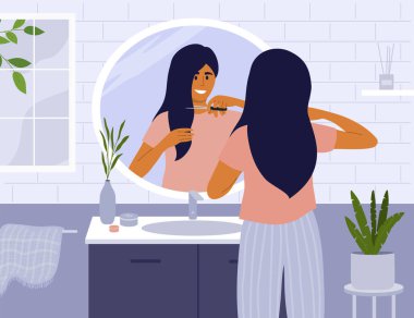 Kendi saçını kesen tatlı bir kız. Aynanın önündeki genç kadın yeni bir saç kesimi yapıyor. Banyodaki makaslı kadın. Kuaförünüz. Kendini karantinaya al. Ev vektörü illüstrasyonunda güzellik hizmetleri.