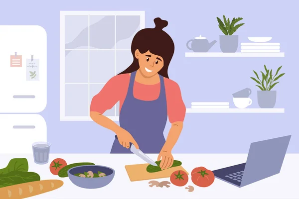 Gezond Eten Thuis Koken Schattig Meisje Koken Zelfgemaakte Maaltijden Keuken — Stockvector