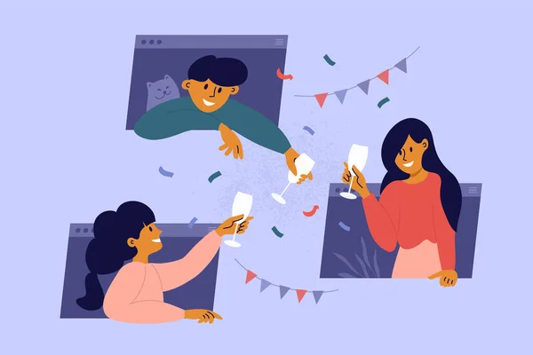 Festa Online Aniversário Reunião Virtual Com Amigos Mulheres Ficam Casa — Vetor de Stock