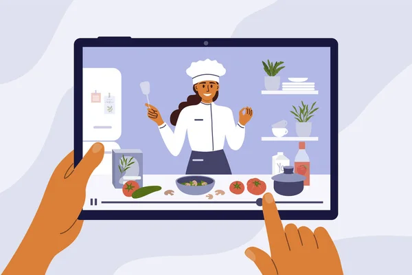 料理ビデオ放送 オンラインクラスでチャンネルやブログ 若いシェフの女性は台所で健康的な食べ物を準備します 画面上の女の子ブロガーとデジタルタブレットを保持手 ベクターイラスト — ストックベクタ