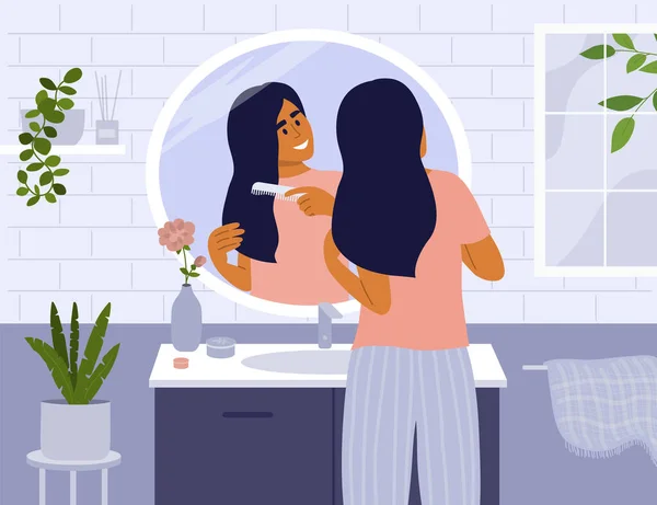 Ежедневная Программа Милая Девушка Стоящая Перед Зеркалом Ванной Расчесывающая Волосы — стоковый вектор
