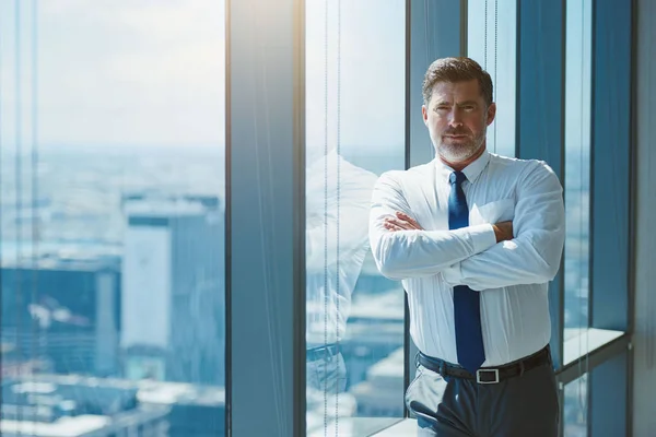 Portrait Mature Handsome Business Executive Looking Seriously Camera His Arms — Stock Photo, Image