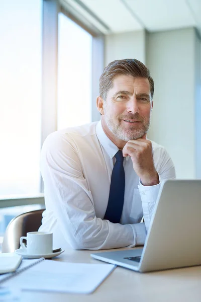 Portrait Handsome Mature Businessman Sitting His Desk Looking Relaxed Confident — 스톡 사진