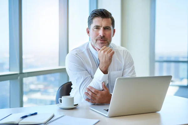 Portrait Handsome Mature Business Leader Sitting His Desk His Laptop — 스톡 사진