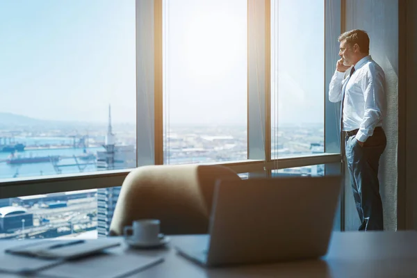 Handsome Mature Businessman Standing Next Large Windows His Top Floor — Stock Photo, Image