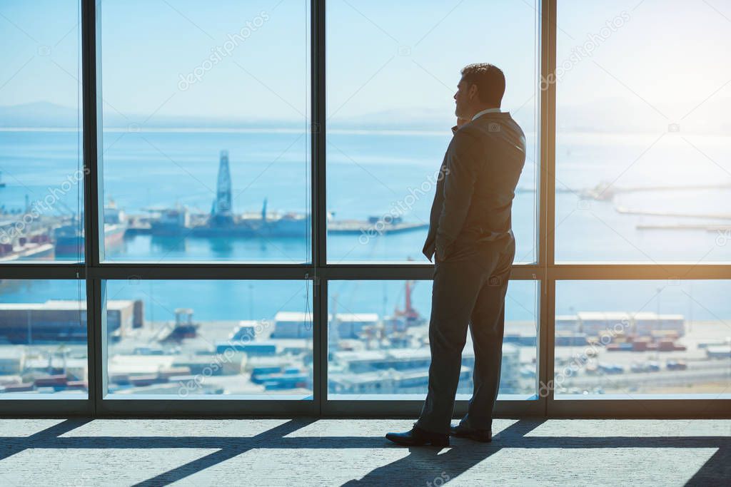 Rearview of a confident mature businessman talking logistics on his mobile phone while looking out at the harbour through the large windows of a top floor office.