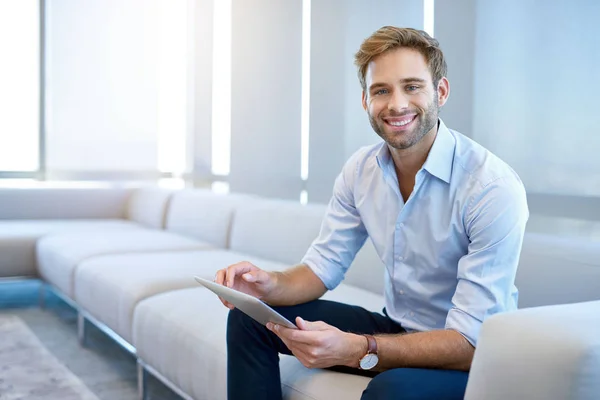 Portrait Handsome Young Businessman Sitting Modern Couch Holding Digital Tablet — Stockfoto