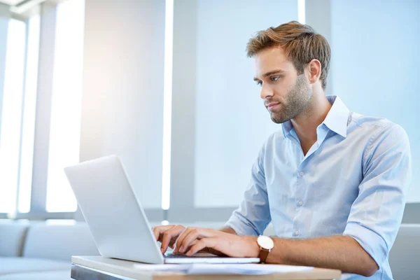Handsome Young Business Entrepreneur Sitting Modern Office Space Working His — Stockfoto