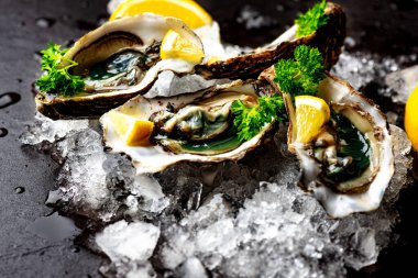 Çiğ, ezilmiş buzda istiridye açtı.