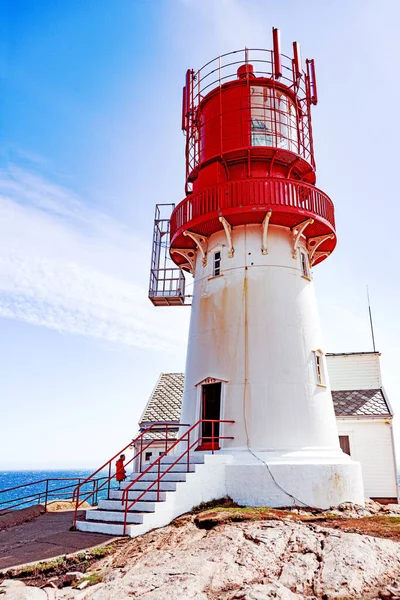 Historic Red White Lighthouse Edge Rocky Sea Coast Lindesnes South — Stock Photo, Image