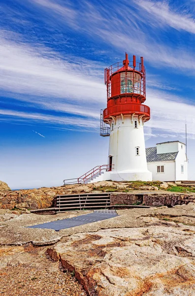 Historic Red White Lighthouse Edge Rocky Sea Coast Lindesnes South — Stock Photo, Image