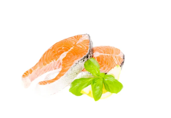 Salmon Cuts Basil Lemon Isolated White Copy Space — Stock Photo, Image