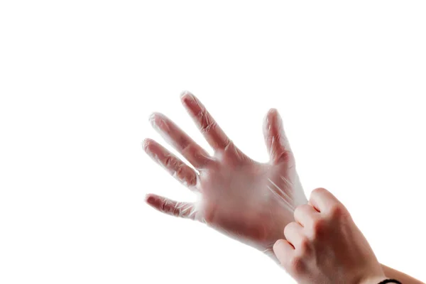 Hand Hand Vinylhandschuh Isoliert Auf Weißem Hintergrund — Stockfoto