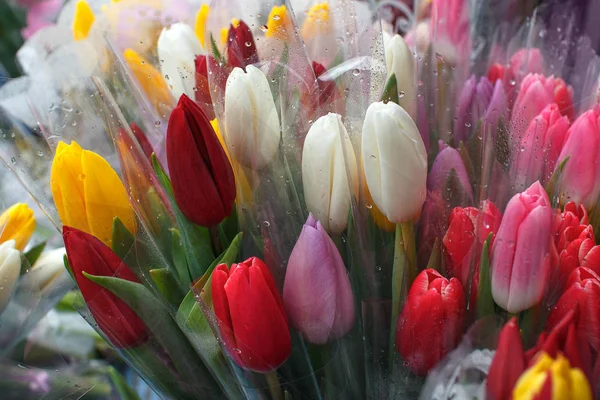 Fondo floral de rosas. Una variedad de tulipanes en ramos . — Foto de Stock