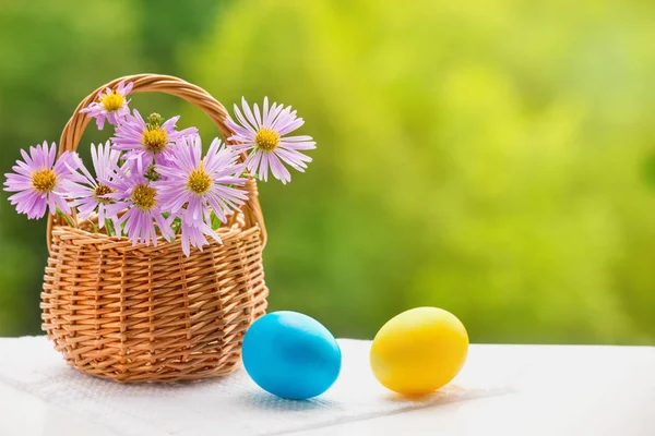 Dos Huevos Pascua Sobre Fondo Blanco Flores Canasta Sobre Fondo — Foto de Stock