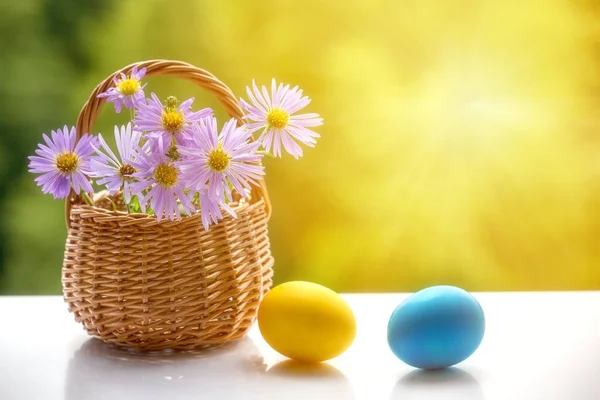 白い背景と緑背景をぼかした写真のバスケットの花に つのイースターエッグ 選択と集中 イースターの卵をペイントを閉じます イースターのコンセプトです 側面図 — ストック写真