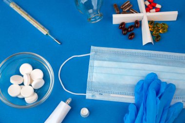 medical mask, gloves, thermometer, antiviral agents