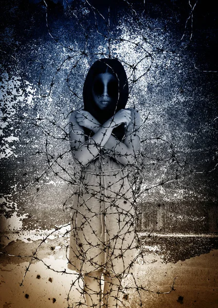 Ghost woman with barbed wire,Scary background for book cover — Stock Photo, Image